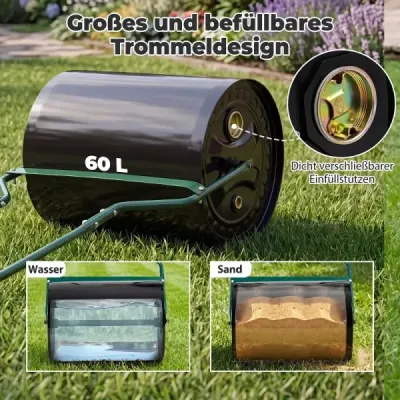 Kovový travní válec s objemem 60 litrů a šířkou válcování 50 cm. Zahradní válec s rukojetí ve tvaru U 50 x 40 x 112 cm