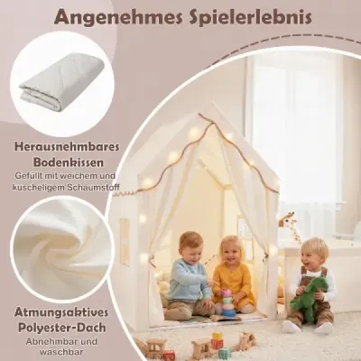 Dětský stan a ohrádka 2 v 1 s pohádkovými světýlky a omyvatelnou podložkou Dětský hrací stan Beige