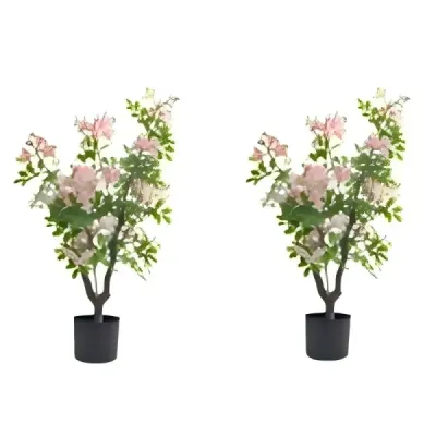 Sada 2 ks umělého stromu Impatiens, 90 cm, umělá rostlina v květináči s 210 hedvábnými květy a 55 listy, růžová