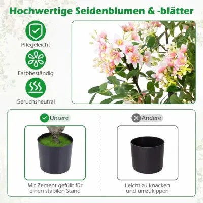 Sada 2 ks umělého stromu Impatiens, 90 cm, umělá rostlina v květináči s 210 hedvábnými květy a 55 listy, růžová
