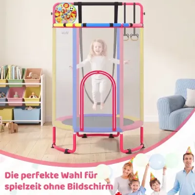 Dětská trampolína 6 v 1 s bezpečnostní sítí a žárově pozinkovaným kovovým rámem, 140 x 140 x 214 cm, barevná