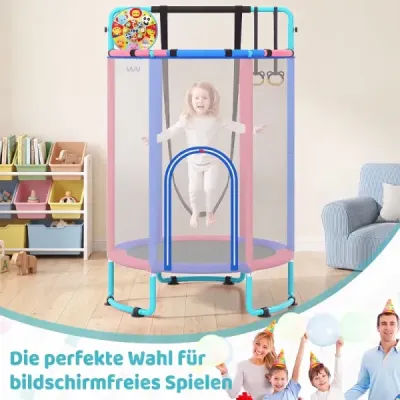 Dětská trampolína 6 v 1 s bezpečnostní sítí a žárově pozinkovaným kovovým rámem, 140 x 140 x 214 cm, modrá