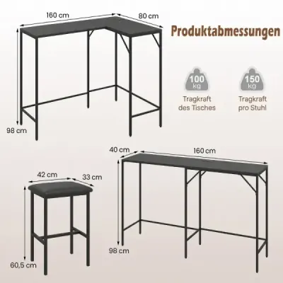 Barový set se 2 barovými stoličkami, vysoký stůl s integrovanou zásuvkou, barový pult s kovovým rámem, černý