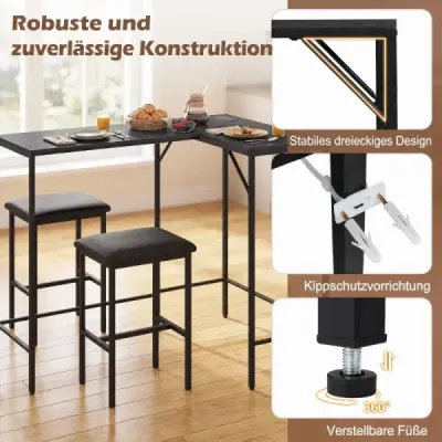 Barový set se 2 barovými stoličkami, vysoký stůl s integrovanou zásuvkou, barový pult s kovovým rámem, černý