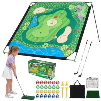 Golfová cvičná podložka pro chipování s nastavitelným kovovým stojanem a 24 míčky, 181 x 255 x 125 cm