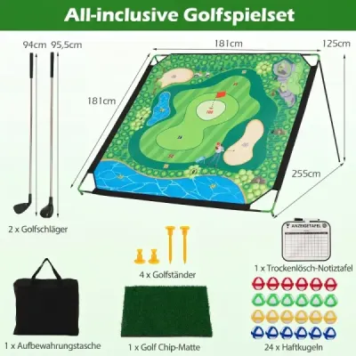 Golfová cvičná podložka pro chipování s nastavitelným kovovým stojanem a 24 míčky, 181 x 255 x 125 cm