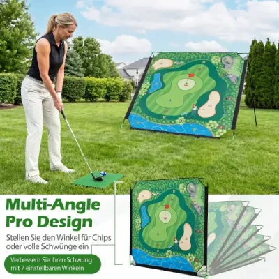 Golfová cvičná podložka pro chipování s nastavitelným kovovým stojanem a 24 míčky, 181 x 255 x 125 cm
