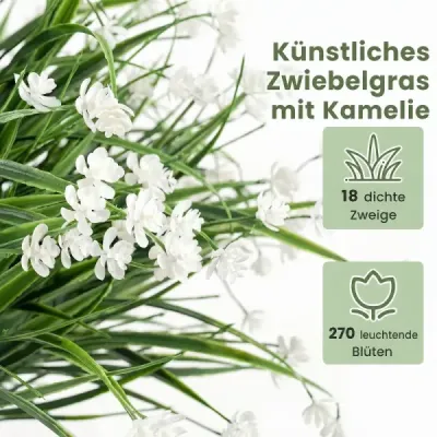 Sada 2 umělých květin s 20cm klasem, umělá cibulová tráva s kaméliemi 70 cm