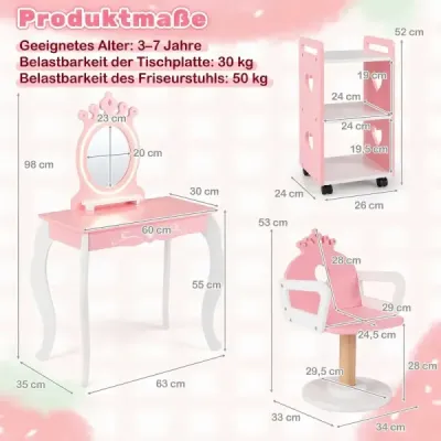 Dětská herní sada s otočným holičským křeslem a toaletním stolkem na vozíku s LED podsvíceným zrcadlem