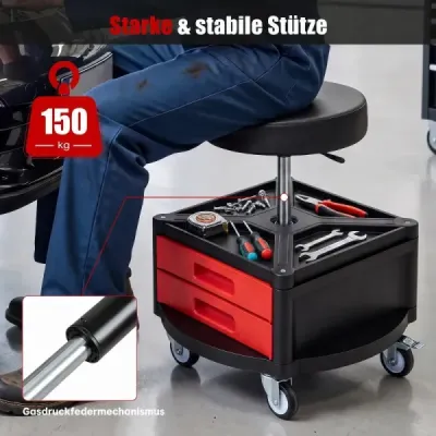 Kulatá dílenská stolička s kolečky, nastavitelná výška 45-58 cm, se zásuvkami, nosnost 150 kg