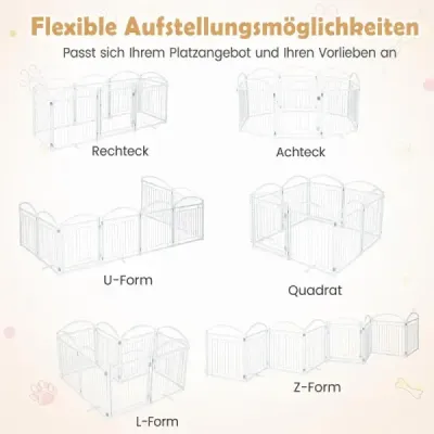 Volně stojící psí branka s dvířky a panty otočnými o 360°, 8 panelů, 480 x 81 cm, bílá