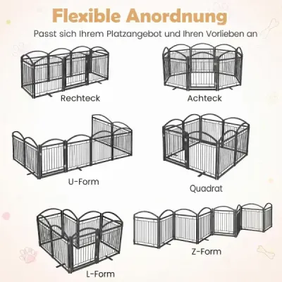 Volně stojící psí branka s dvířky a panty otočnými o 360°, 8 panelů, 480 x 81 cm, černá