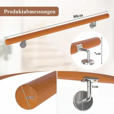 Drevené madlo 80 cm, zábradlie ve schodech, schodiskové zábradlie z bukového dřeva s upevněním na stenu