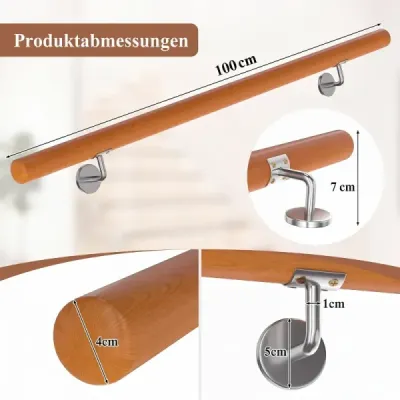 Dřevěné madlo 100 cm, zábradlí na schody, bukové zábradlí na schody s nástěnným držákem