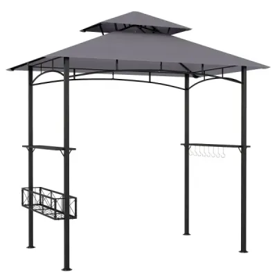Grilovací pavilon/přístřešek na grilování se sluneční clonou a dvojitou střechou, BBQ pavilon s košem, 245 x 149 x 248 cm, šedý