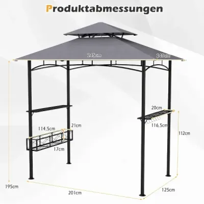 Grilovací pavilon/přístřešek na grilování se sluneční clonou a dvojitou střechou, BBQ pavilon s košem, 245 x 149 x 248 cm, šedý