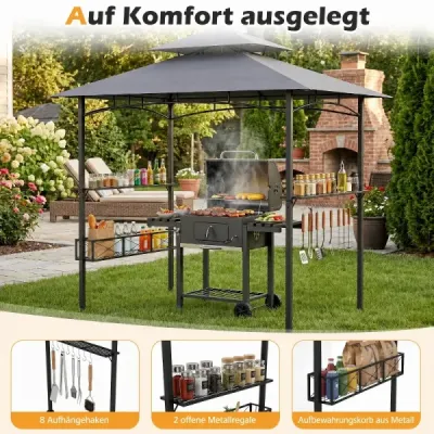 Grilovací pavilon/přístřešek na grilování se sluneční clonou a dvojitou střechou, BBQ pavilon s košem, 245 x 149 x 248 cm, šedý