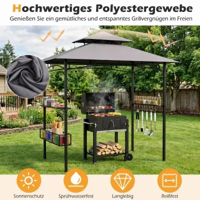 Grilovací pavilon/přístřešek na grilování se sluneční clonou a dvojitou střechou, BBQ pavilon s košem, 245 x 149 x 248 cm, šedý
