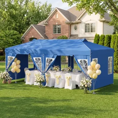 Pavilon 3 x 6 m Pop-up párty stan s nastavitelnou výškou, 6 bočními stěnami a okny, modrý