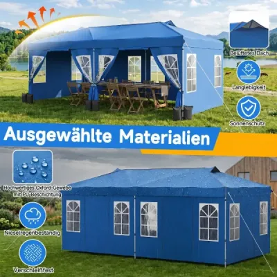 Pavilon 3 x 6 m Pop-up párty stan s nastavitelnou výškou, 6 bočními stěnami a okny, modrý