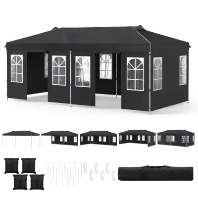 Pavilon 3 x 6 m Pop-up párty stan s nastavitelnou výškou, 6 bočními stěnami a okny, černý