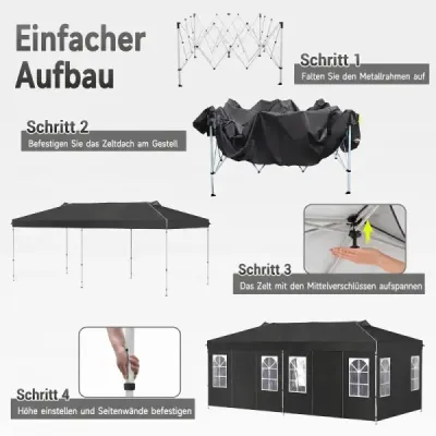 Pavilon 3 x 6 m Pop-up párty stan s nastavitelnou výškou, 6 bočními stěnami a okny, černý