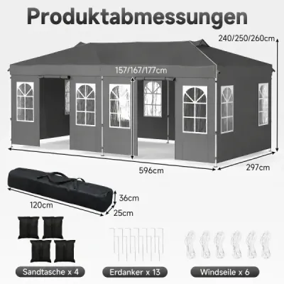Pavilon 3 x 6 m Pop-up párty stan s nastavitelnou výškou, 6 bočními stěnami a okny, šedý