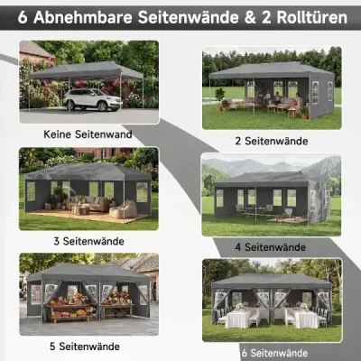 Pavilon 3 x 6 m Pop-up párty stan s nastavitelnou výškou, 6 bočními stěnami a okny, šedý