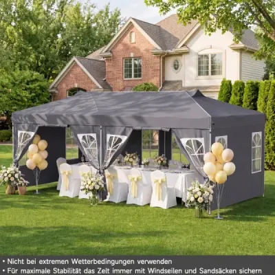 Pavilon 3 x 6 m Pop-up párty stan s nastavitelnou výškou, 6 bočními stěnami a okny, šedý