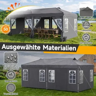 Pavilon 3 x 6 m Pop-up párty stan s nastavitelnou výškou, 6 bočními stěnami a okny, šedý