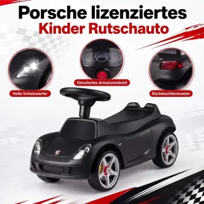 Dětské odrážedlo Porsche s licencí pro děti od 18 měsíců, odrážedlo s klaksonem a světlomety, černé
