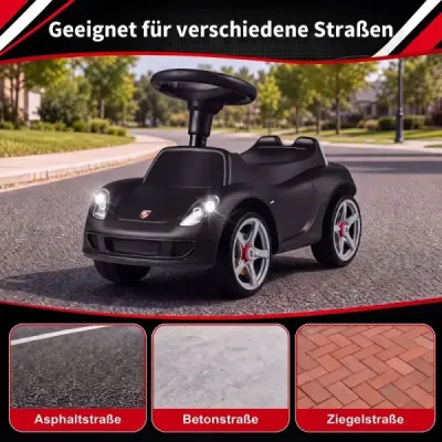 Dětské odrážedlo Porsche s licencí pro děti od 18 měsíců, odrážedlo s klaksonem a světlomety, černé