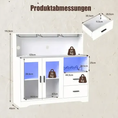 Küchenschrank Buffetschrank mit Offenen Fächern Steckdose & LED 120 x 40 x 115,5 cm Weiß