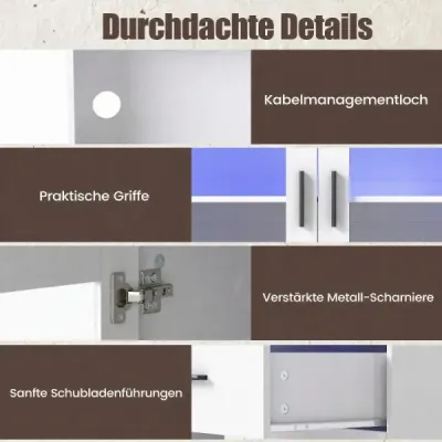 Küchenschrank Buffetschrank mit Offenen Fächern Steckdose & LED 120 x 40 x 115,5 cm Weiß