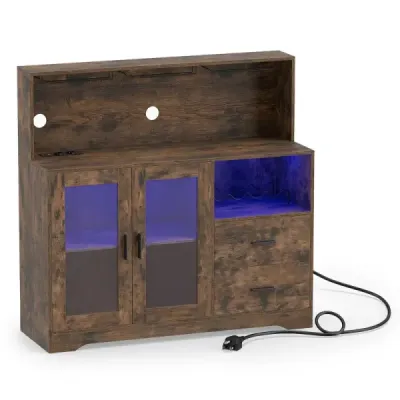 Kuchyňská skříňka/bufet s otevřenými přihrádkami, zásuvkou a LED osvětlením, 120 x 40 x 115,5 cm, hnědá