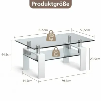 Skleněný konferenční stolek, stůl do obývacího pokoje se spodní policí, konferenční stolek k rozkládací pohovce, 99,5 x 59,5 x 44,5 cm, bílý