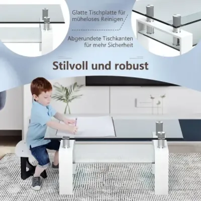Skleněný konferenční stolek, stůl do obývacího pokoje se spodní policí, konferenční stolek k rozkládací pohovce, 99,5 x 59,5 x 44,5 cm, bílý