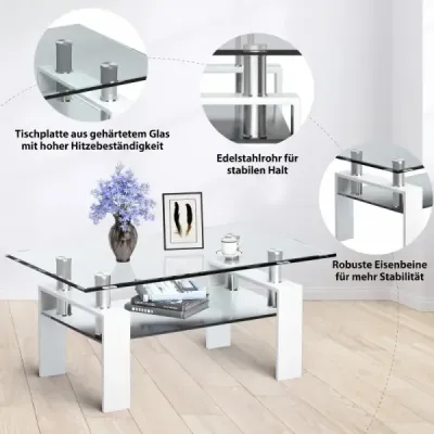Skleněný konferenční stolek, stůl do obývacího pokoje se spodní policí, konferenční stolek k rozkládací pohovce, 99,5 x 59,5 x 44,5 cm, bílý