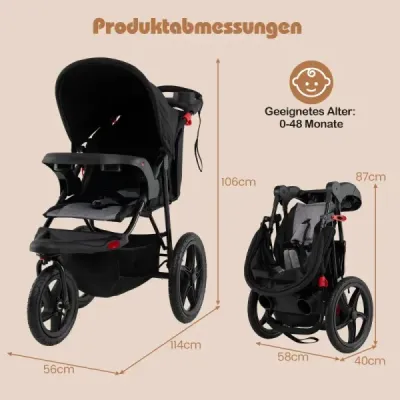 BC10276DE-DK  Bežecký kočík, skladací jogger s nastaviteľnou slnečnou strieškou a polohovateľným sedadlom, čierny SKLADEM