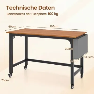 Stůl s kolečky Počítačový stůl s odnímatelnou látkovou taškou a háčkem na sluchátka 120 x 60 x 75 cm Příroda