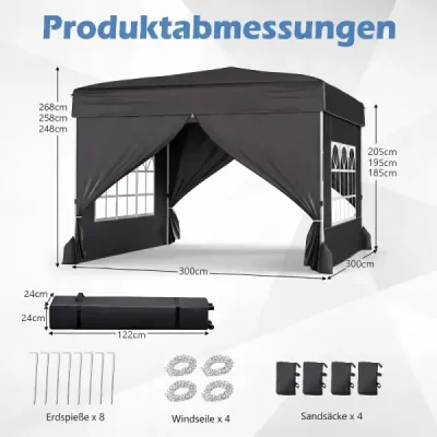 3x3m výklopný pavilon, zimní zahradní pavilon se 4 odnímatelnými bočními panely a pytli s pískem, černý