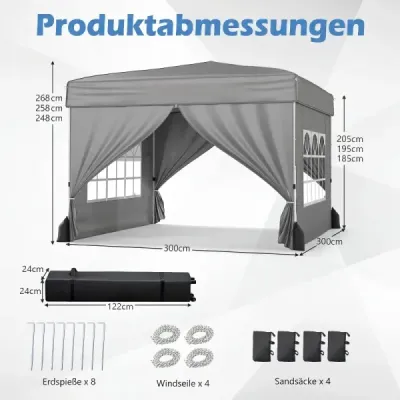3x3m výklopný pavilon, zimní zahradní pavilon se 4 odnímatelnými bočními panely a pytli s pískem, šedý