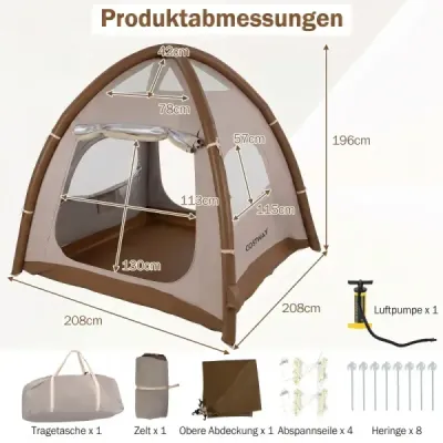 Nafukovací kempingový stan pro 2-4 osoby. Voděodolný stan se střešním oknem, 2 dveřmi a síťovanými okny.