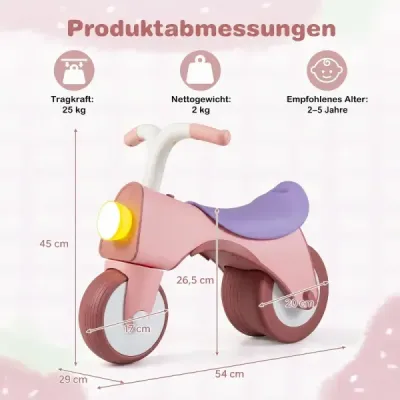Dětské odrážedlo s jasnými světlomety a pohodlným sedadlem, bez pedálů, růžové