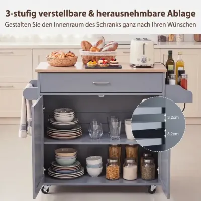 Kuchyňský vozík s věšákem na ručníky, věšákem na koření, zásuvkou a zásuvkou  pojízdná kuchyňská skříňka, šedá