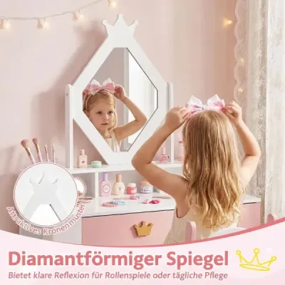 Dětský dřevěný toaletní stolek s diamantovým zrcadlem a židlí, bílá + růžová