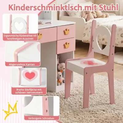 Dětský dřevěný toaletní stolek s diamantovým zrcadlem a židlí, bílá + růžová