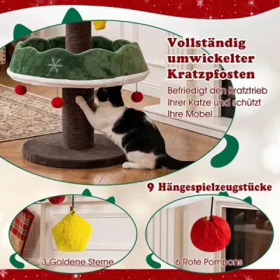Vánoční stromeček s motivem kočky, horní jeskyní a škrabadly, 143 cm lezecká kůra se širokou základnou