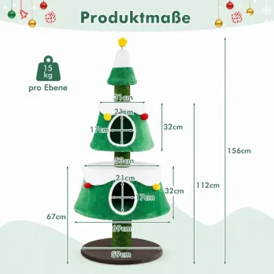 Škrabadlo na vánoční stromeček pro kočky 156 cm s kočičí jeskyní, jutovými škrabadly a pratelnými polštářky