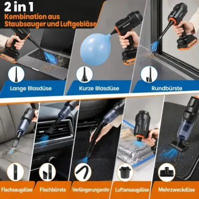 Ruční vysavač 4 v 1, na baterie, 21 000 Pa, bezdrátový vysavač se 120 W motorem a 2 bateriemi